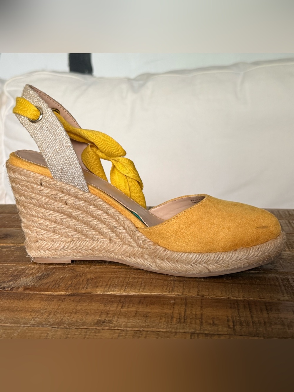 Aldo Mustard Yellow Espadrille Wedge Sandals with Wrap Tie - Picture 5 of 9